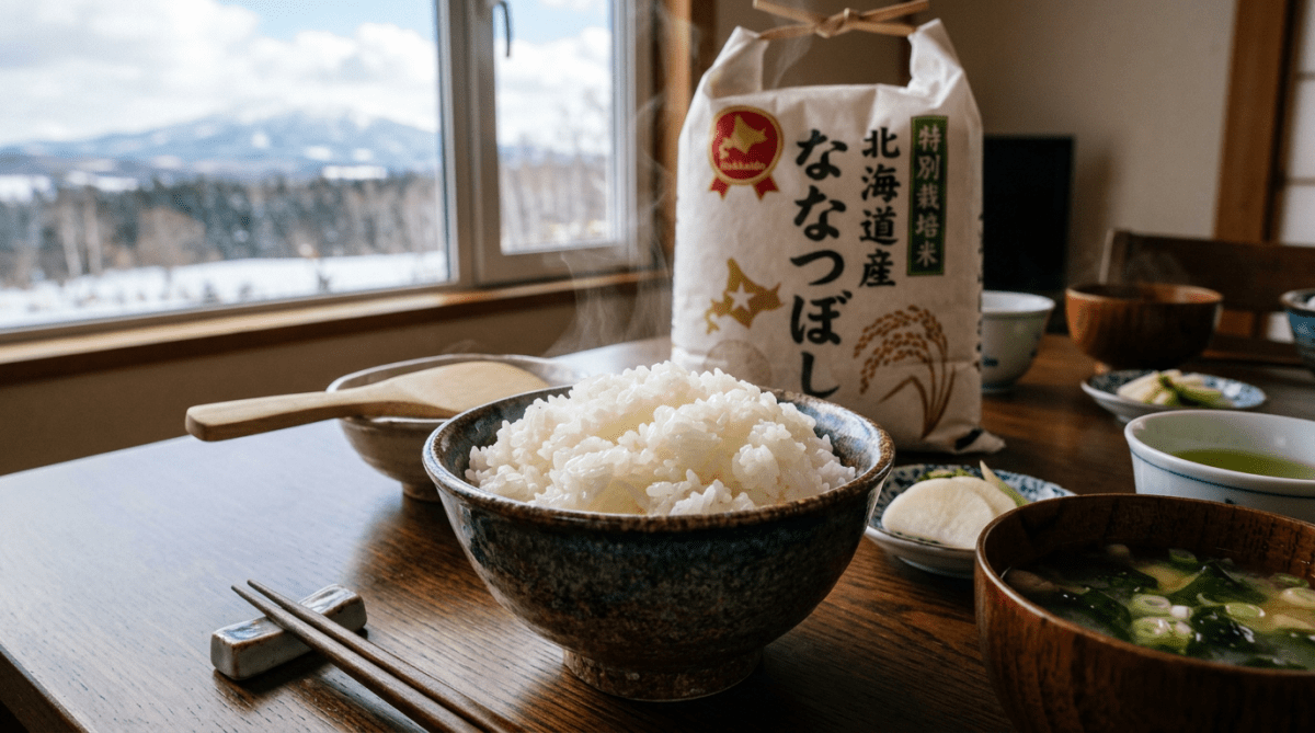 Steaming bowl of white rice next to miso soup and Japanese rice packaging