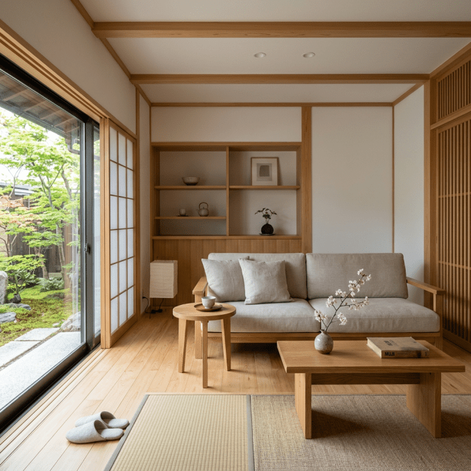 Japanese-style living room with wooden furniture and view of garden