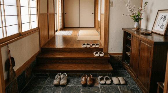 Shoes placed on stone floor and wooden steps inside a Japanese entryway