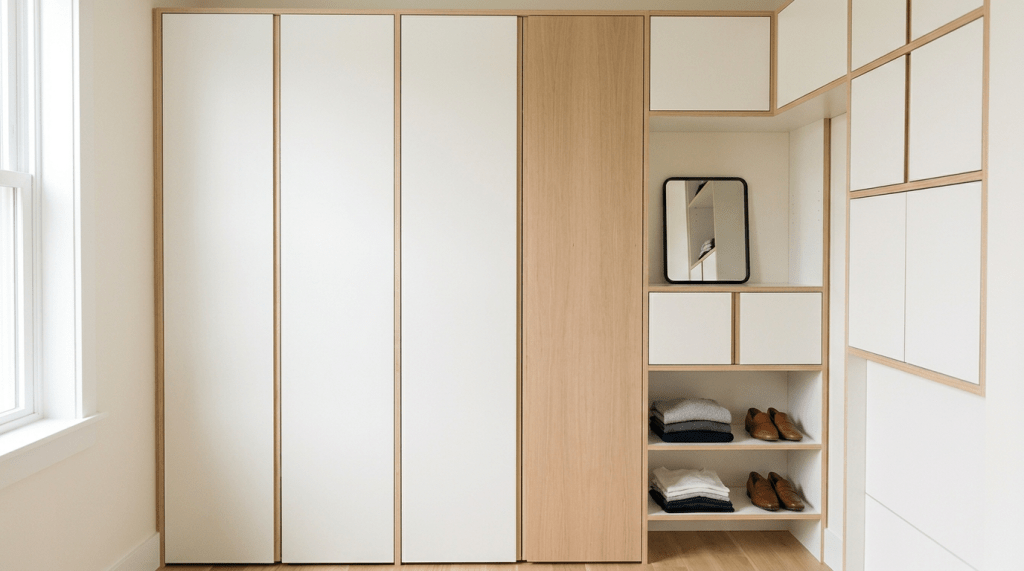 Modern minimalist wardrobe with white panels and wood accents, shelves with folded clothes and brown shoes