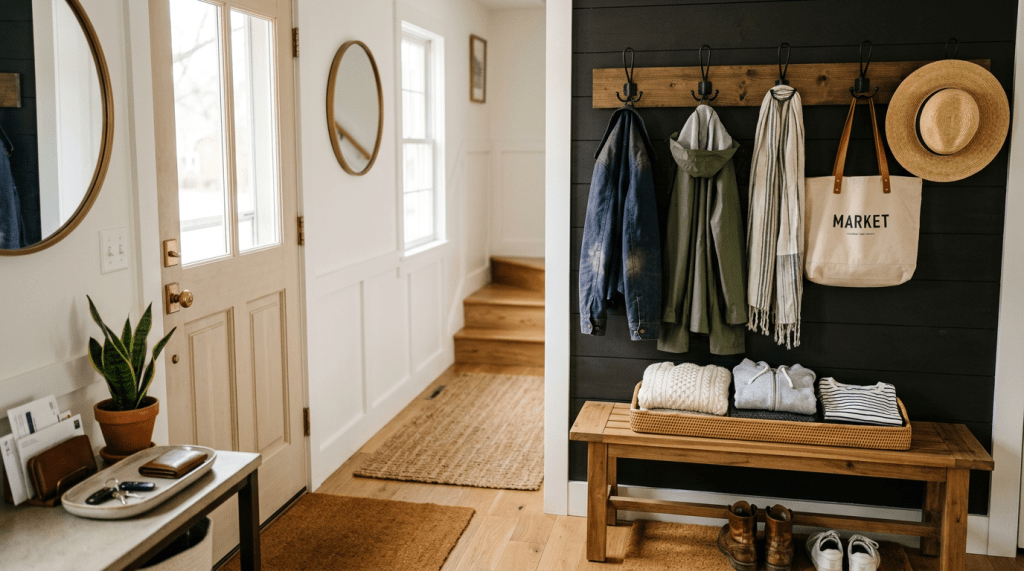 Entryway with hanging coats, a tote bag labeled MARKET, a straw hat, folded clothes on a bench, boots and sneakers