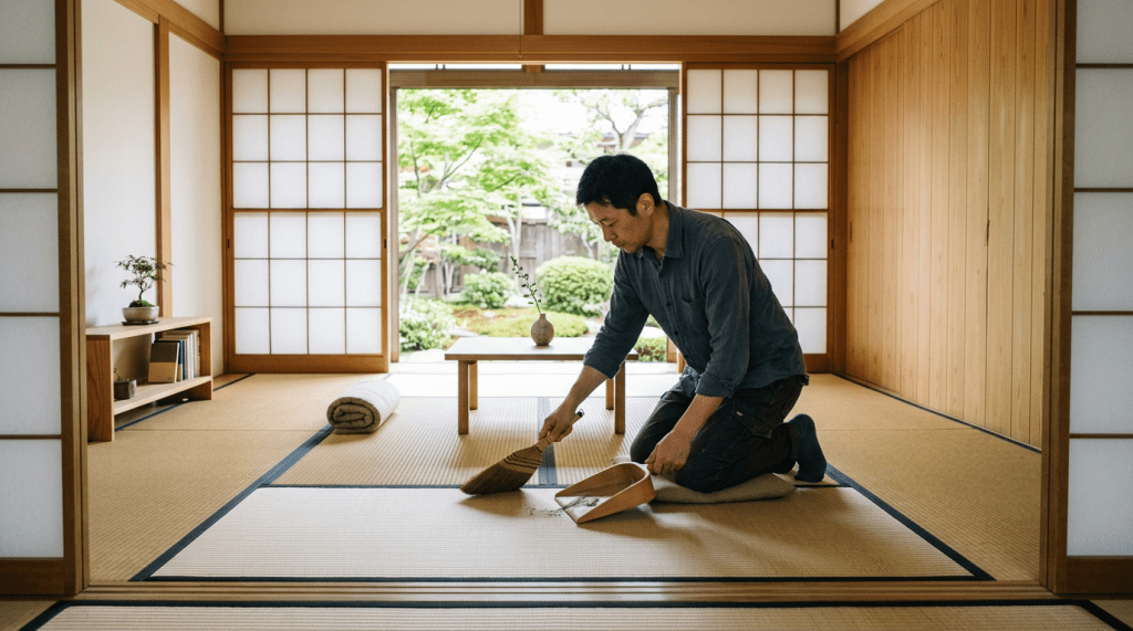 Man kneeling and sweeping dirt off tatami mats in traditional Japanese room with shoji screens and garden view