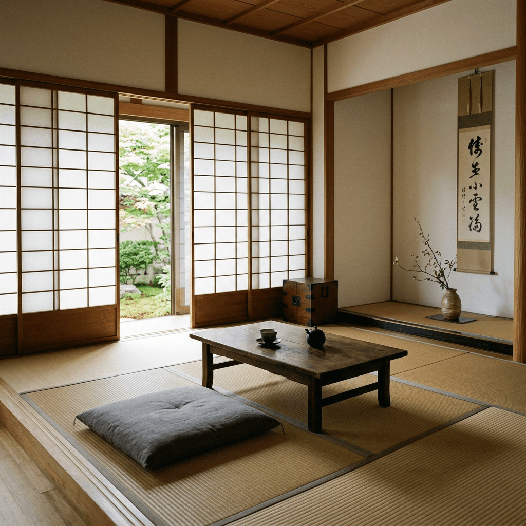 Japanese tea room with tatami mats, low wooden table, tea set, shoji sliding doors, and hanging scroll