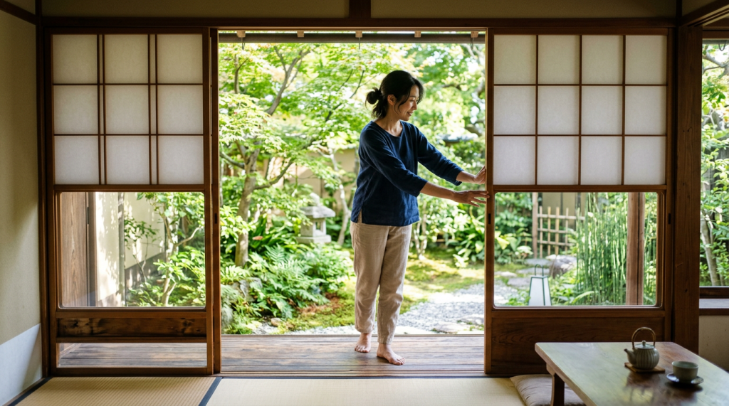 Woman opening sliding doors in a traditional Japanese room overlooking a garden