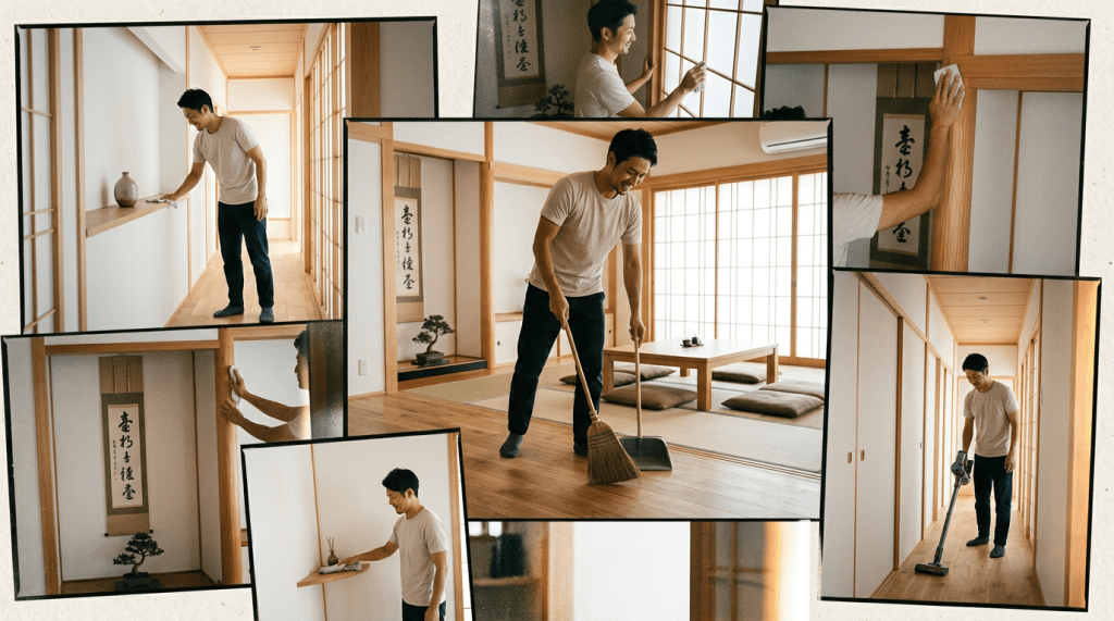 Man sweeping, vacuuming, dusting, and wiping surfaces in a Japanese-style home