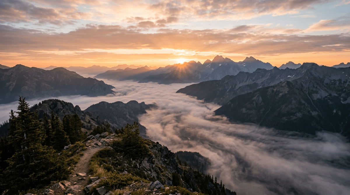 Sunrise over rugged mountains with dense fog filling the valley