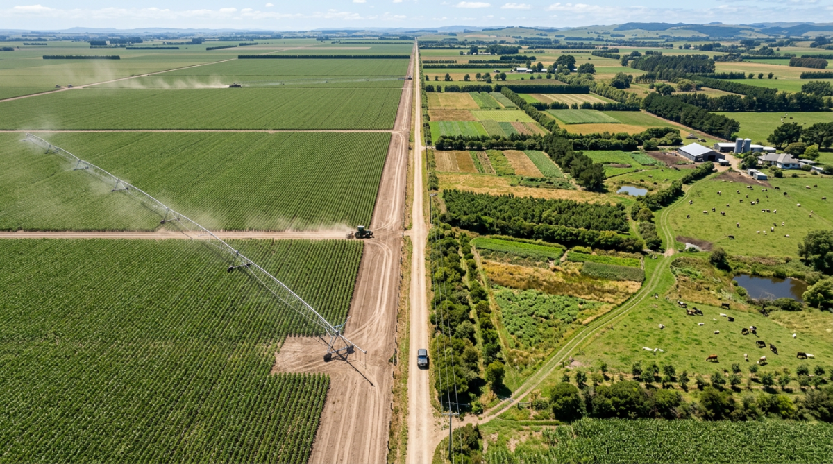 Aerial view of large irrigated crop fields with sprinklers and adjacent pasture with cows separated by dirt road